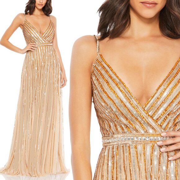 $598 Mac Duggal Size 4 Nude Beige Gold Silver Sequined Long Maxi Gown Dress - Picture 1 of 5